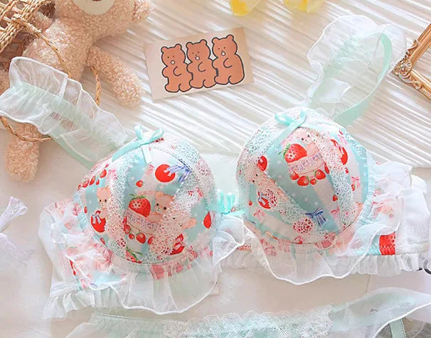 Kawaii Pastel Strawberry Bear Underwire Lingerie Set