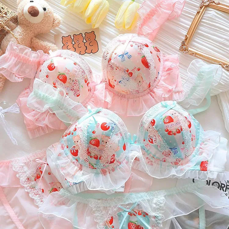 Kawaii Pastel Strawberry Bear Underwire Lingerie Set