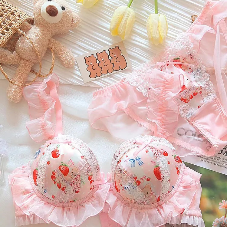 Kawaii Pastel Strawberry Bear Underwire Lingerie Set