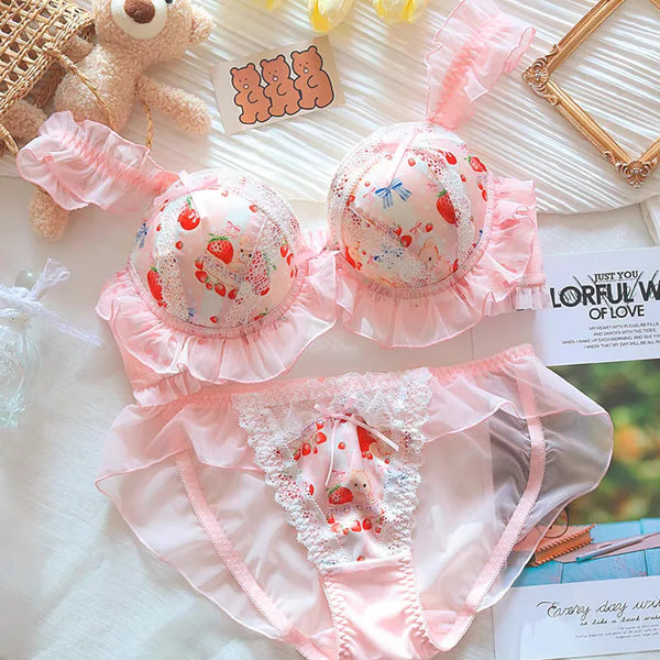 Kawaii Pastel Strawberry Bear Underwire Lingerie Set