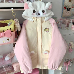 Kawaii Teddy Bear Pastel Pink Windbreaker Jacket Coat