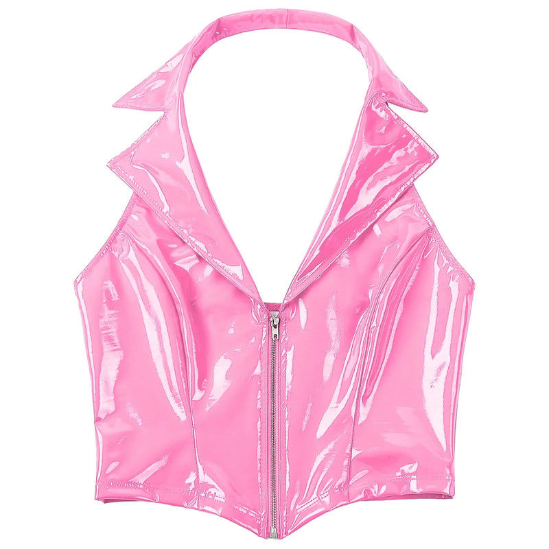 Kawaii Zip-Up Candy Pink Latex Vest Crop Top