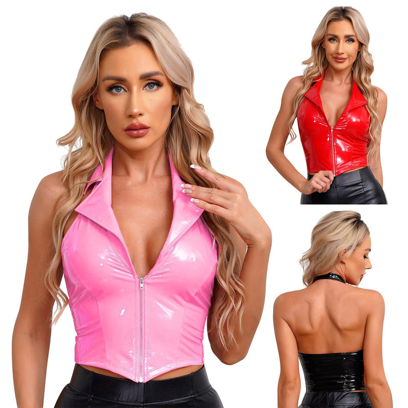 Kawaii Zip-Up Candy Pink Latex Vest Crop Top