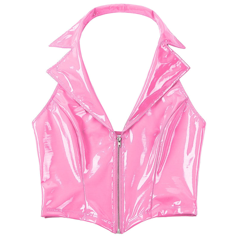 Kawaii Zip-Up Candy Pink Latex Vest Crop Top