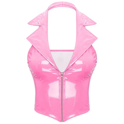 Kawaii Zip-Up Candy Pink Latex Vest Crop Top