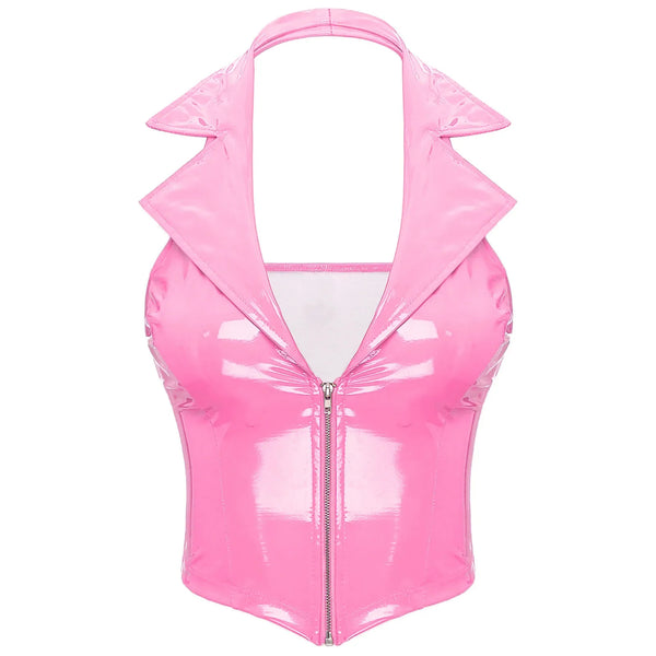 Kawaii Zip-Up Candy Pink Latex Vest Crop Top