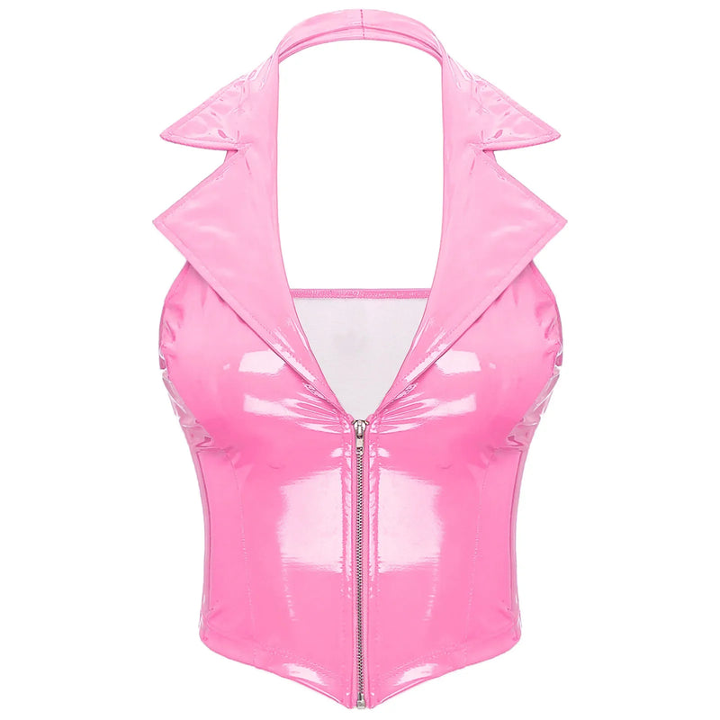 Kawaii Zip-Up Candy Pink Latex Vest Crop Top