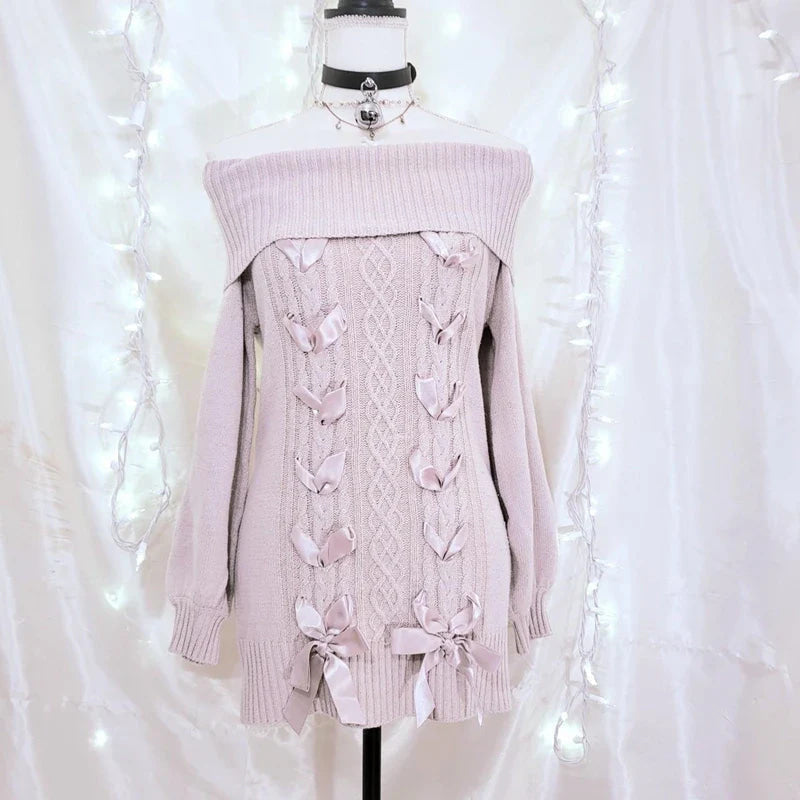 Knit Ribbon Sweater Dress - cable knit, dresses, kawaii, knitted