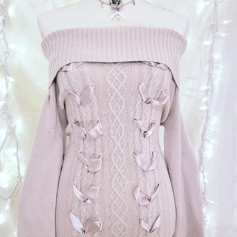 Knit Ribbon Sweater Dress - cable knit, dresses, kawaii, knitted