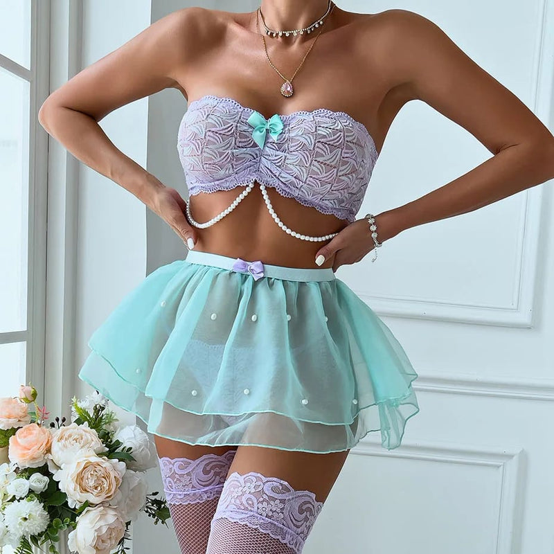 Mermaid Ballerina Lingerie Mesh Lace Bra and Panty Set