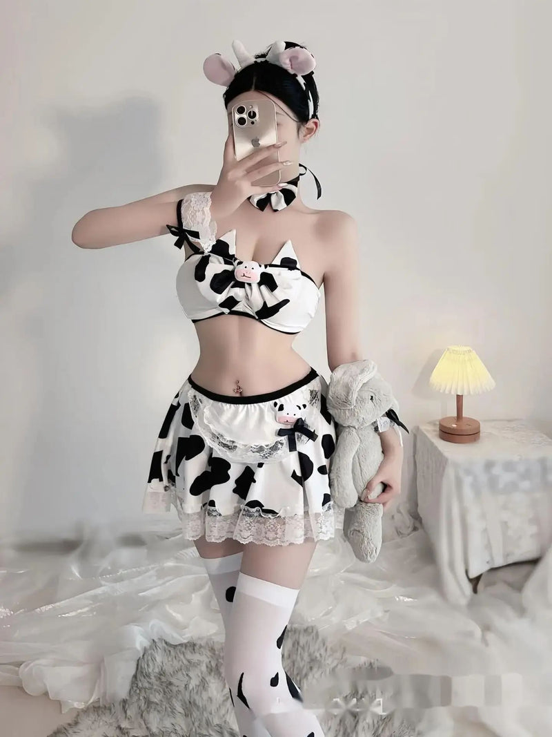 Milk Maiden Cow print Cosplay Lingerie Set Skirt Top and Stockings