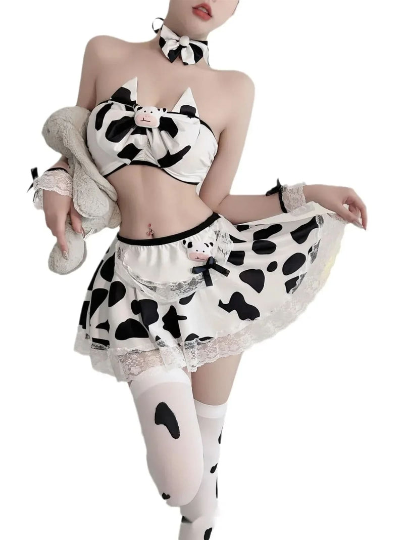 Milk Maiden Cow print Cosplay Lingerie Set Skirt Top and Stockings