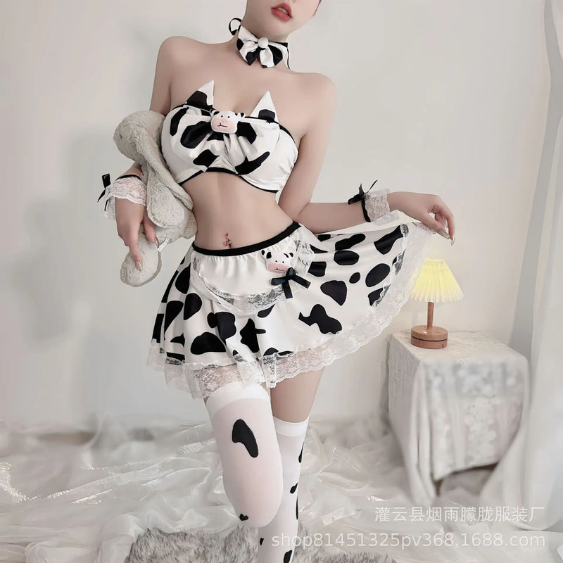 Milk Maiden Cow print Cosplay Lingerie Set Skirt Top and Stockings