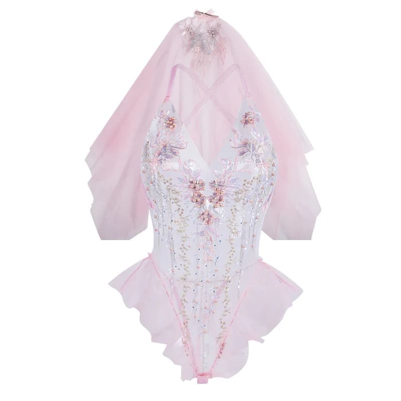 Pale Princess Veiled Lace Bridal Bodysuit Onesie With Hood