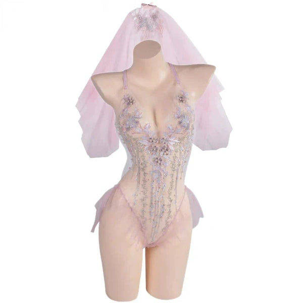 Pale Princess Veiled Lace Bridal Bodysuit Onesie With Hood