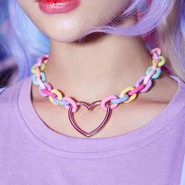 Pastel Chain Heart Collar - chokers, gay pride, necklace, necklaces, rainbow