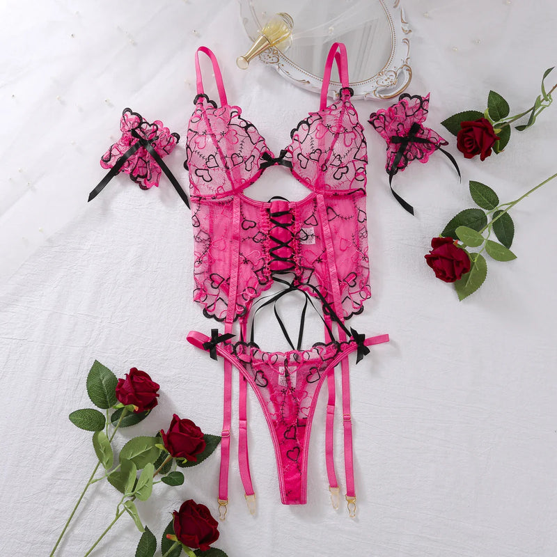 Pastel Goth Heart Print Pink Black Valentine Lingerie Set