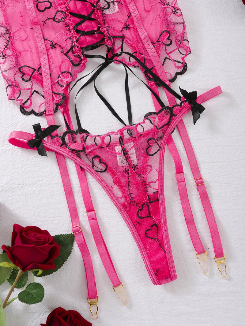 Pastel Goth Heart Print Pink Black Valentine Lingerie Set