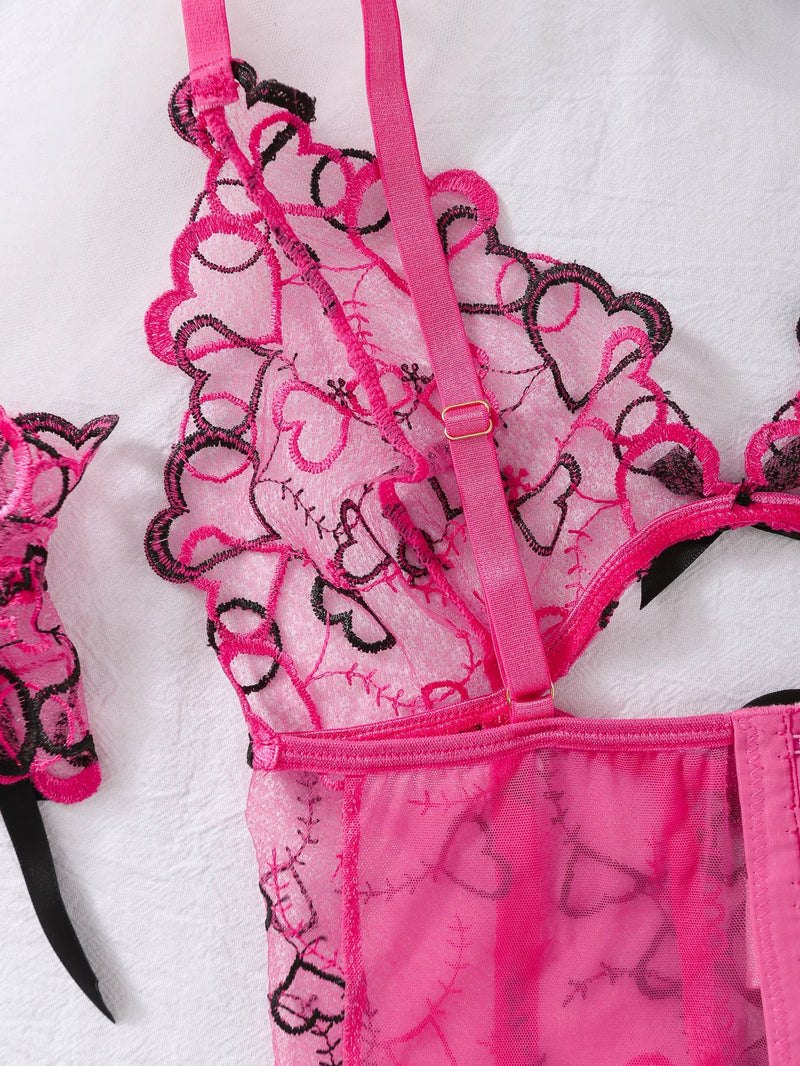 Pastel Goth Heart Print Pink Black Valentine Lingerie Set