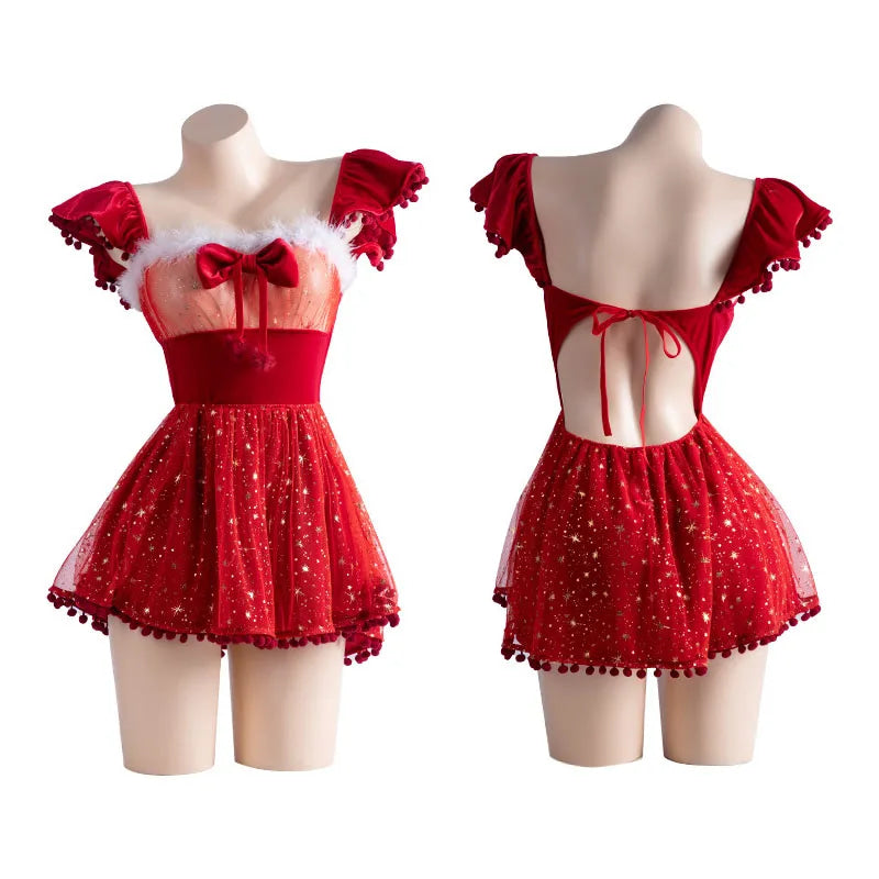 Peekaboo Glittering Sheer Christmas Holiday Dress Lingerie Set