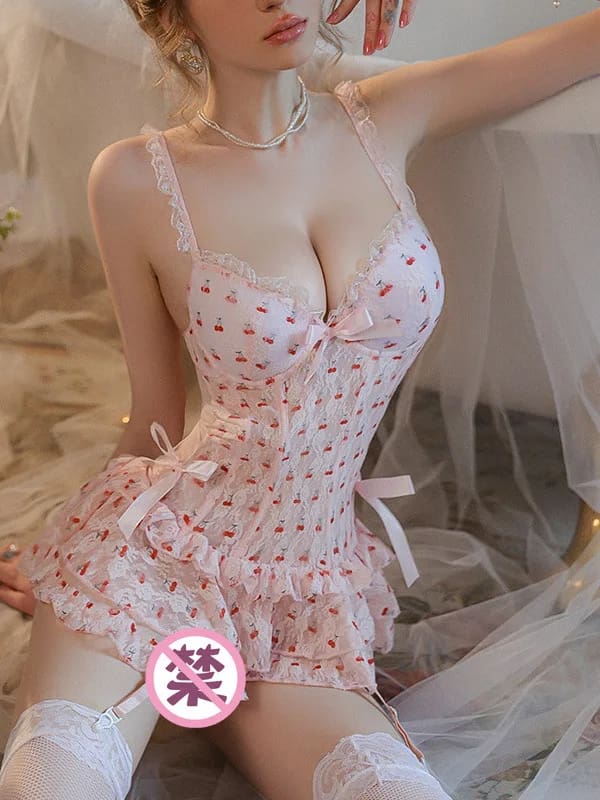 Pink Cherry Fairy Ruffled Nighty Skirt and Bustier Bra Top Set