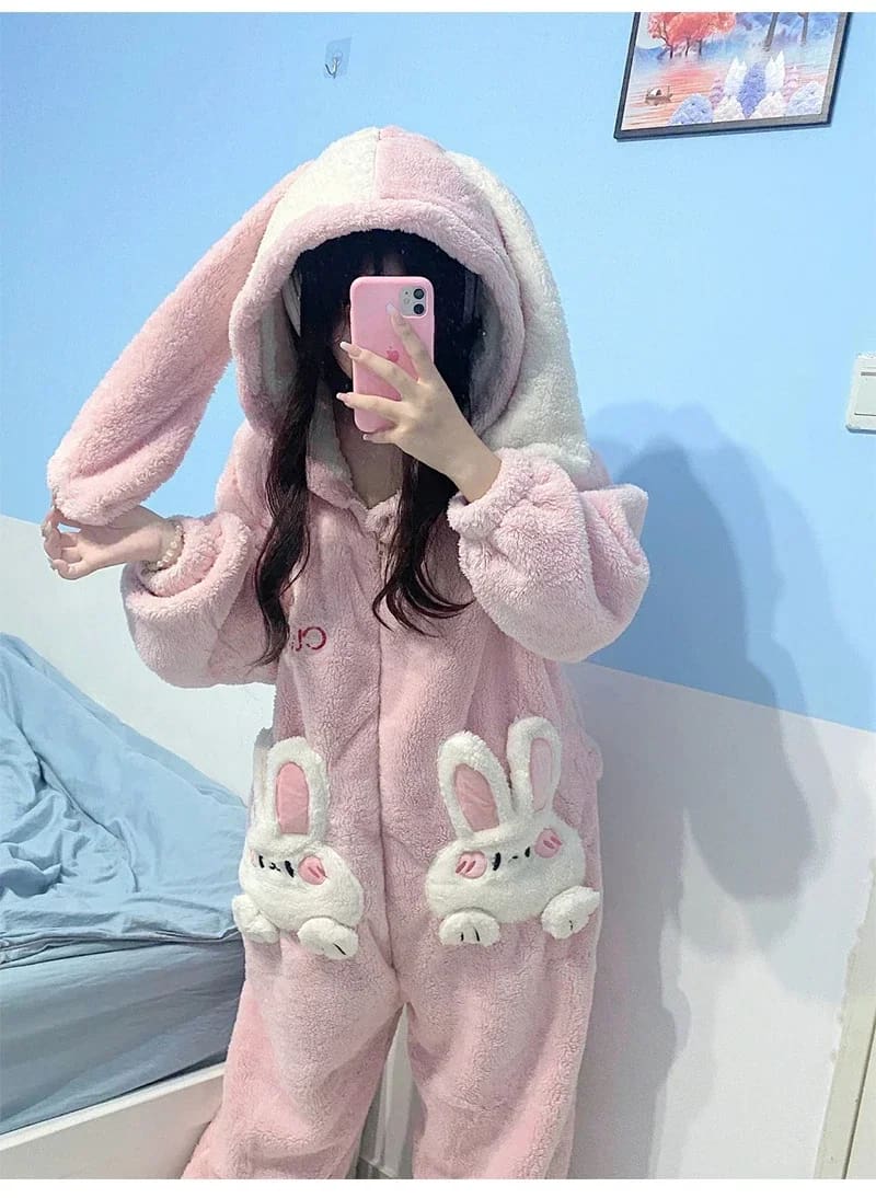 Pink Fuzzy Bunny Pajama Set Soft Plush Cozy Robe and Slippers