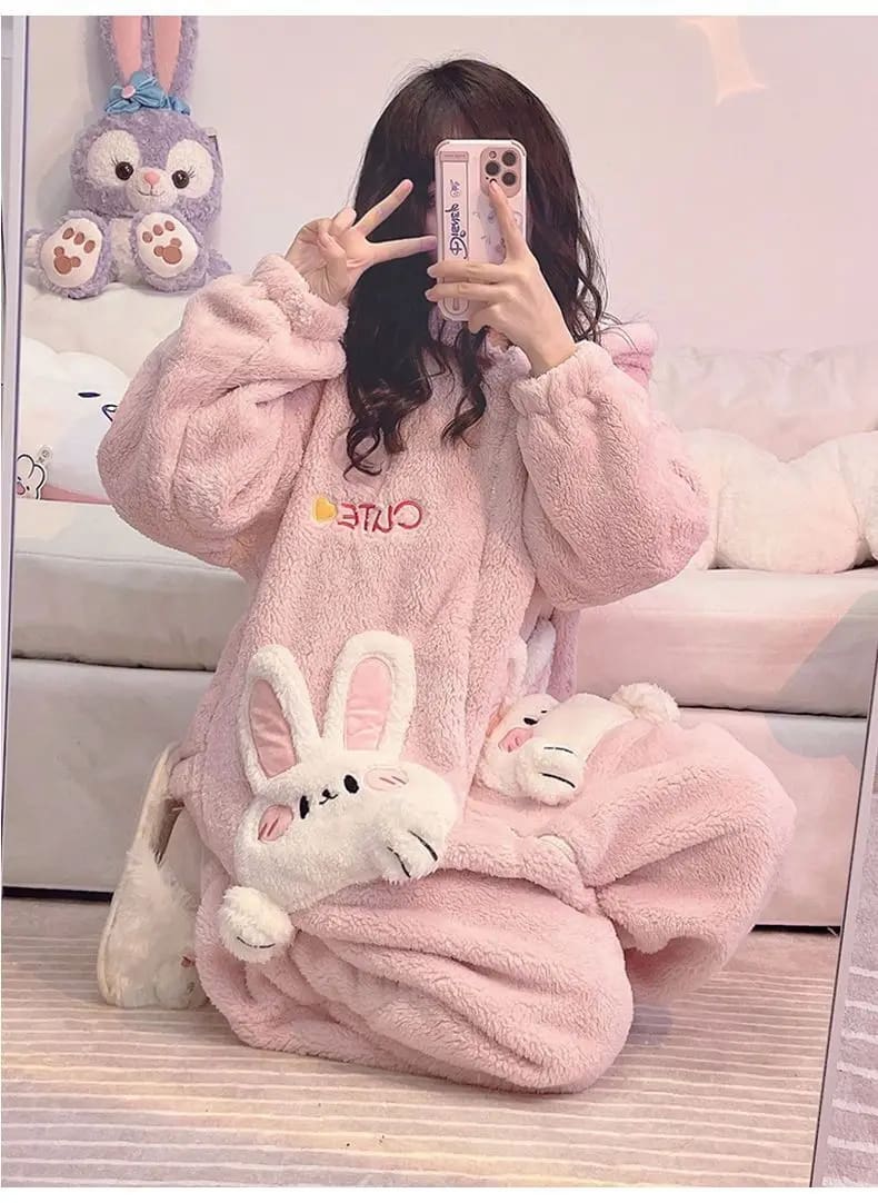 Pink Fuzzy Bunny Pajama Set Soft Plush Cozy Robe and Slippers