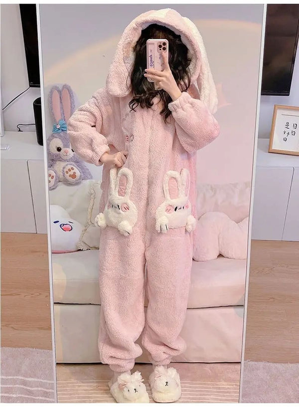 Pink Fuzzy Bunny Pajama Set Soft Plush Cozy Robe and Slippers