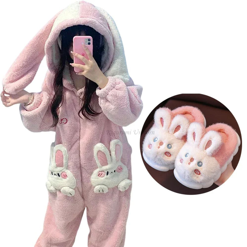 Pink Fuzzy Bunny Pajama Set Soft Plush Cozy Robe and Slippers