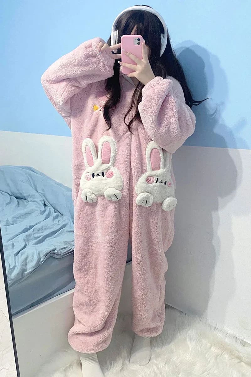 Pink Fuzzy Bunny Pajama Set Soft Plush Cozy Robe and Slippers