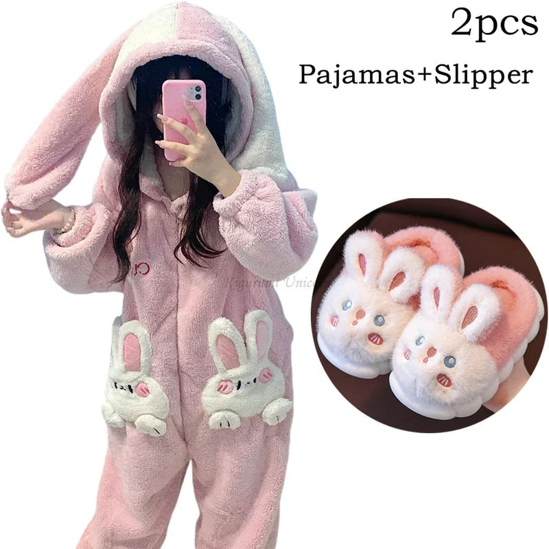 Pink Fuzzy Bunny Pajama Set Soft Plush Cozy Robe and Slippers