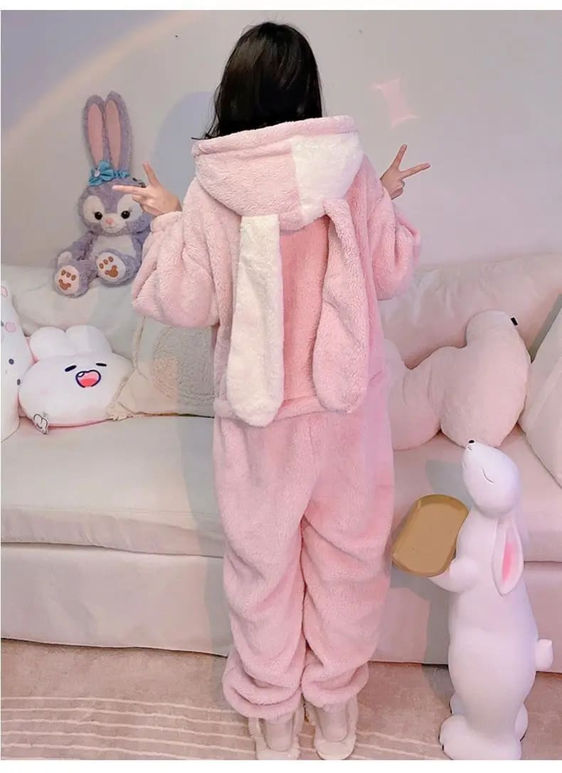 Pink Fuzzy Bunny Pajama Set Soft Plush Cozy Robe and Slippers