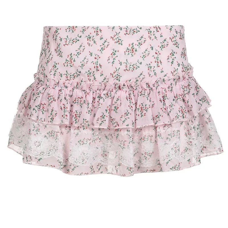 Pink Rosebud Babydoll Skirt - angelcore, fairycore, floral, flowers, kawaii