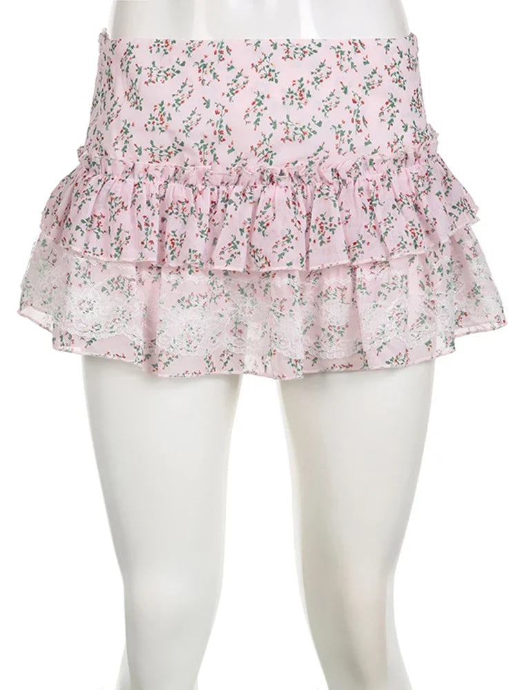 Pink Rosebud Babydoll Skirt - angelcore, fairycore, floral, flowers, kawaii