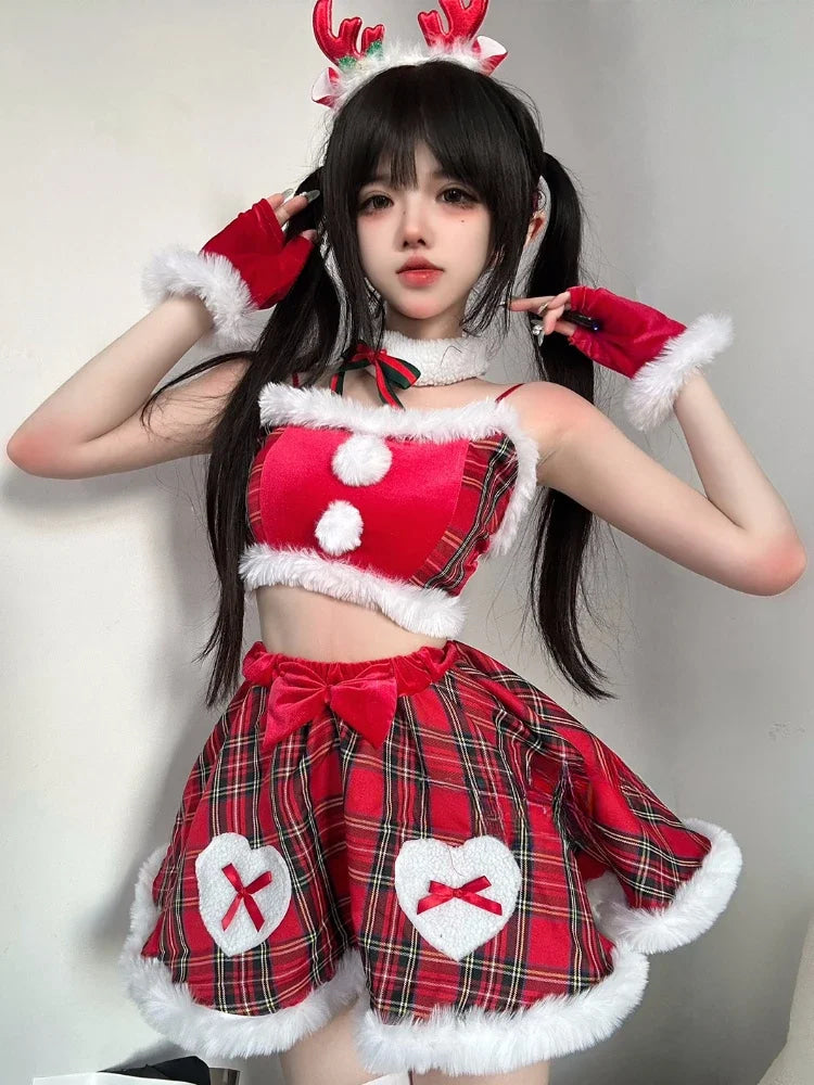 Plaid Holiday Reindeer Treat Cosplay Lingerie Set