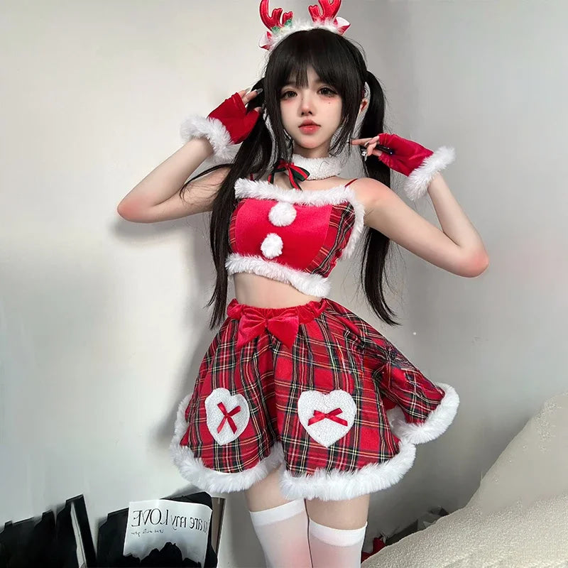 Plaid Holiday Reindeer Treat Cosplay Lingerie Set