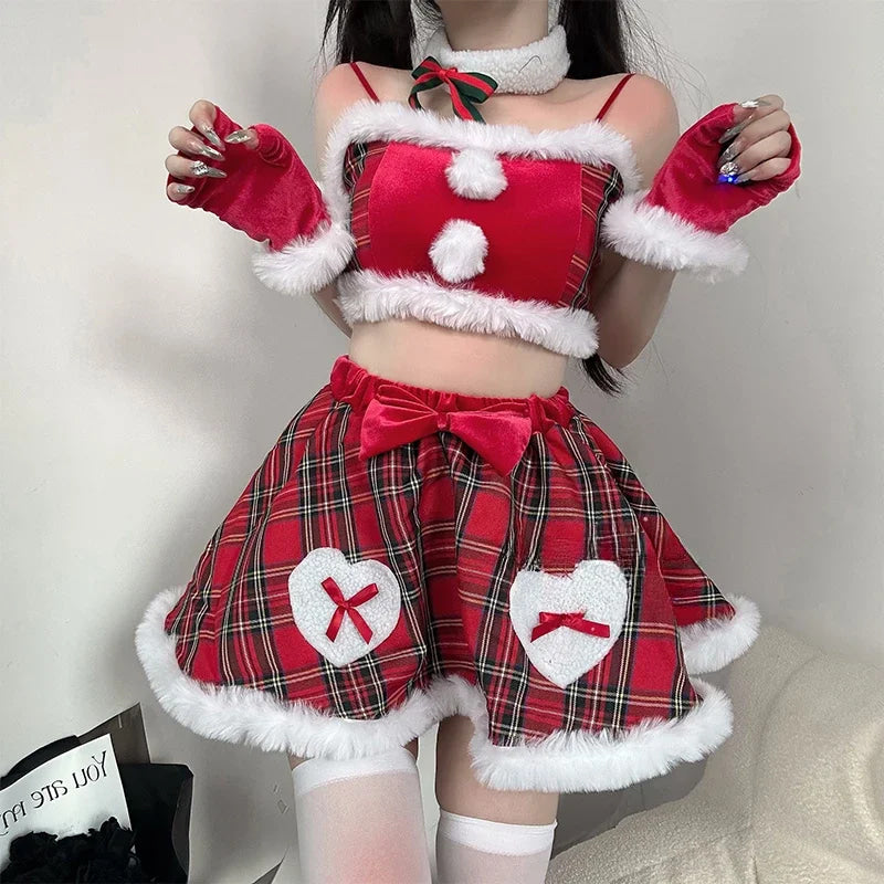 Plaid Holiday Reindeer Treat Cosplay Lingerie Set