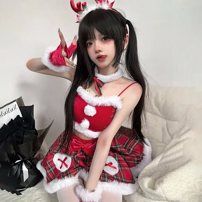 Plaid Holiday Reindeer Treat Cosplay Lingerie Set