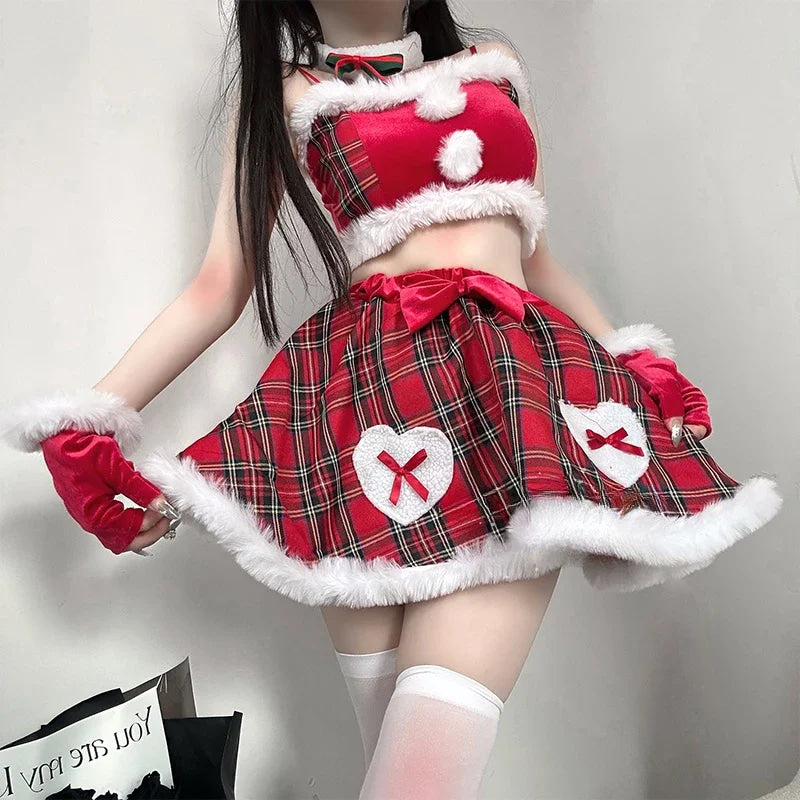 Plaid Holiday Reindeer Treat Cosplay Lingerie Set