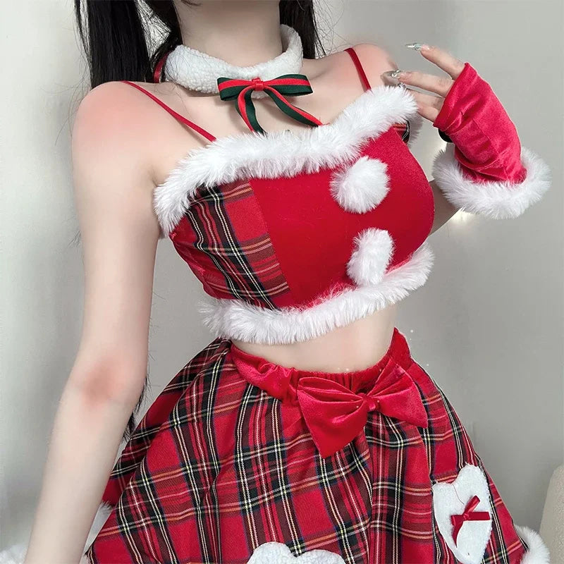 Plaid Holiday Reindeer Treat Cosplay Lingerie Set