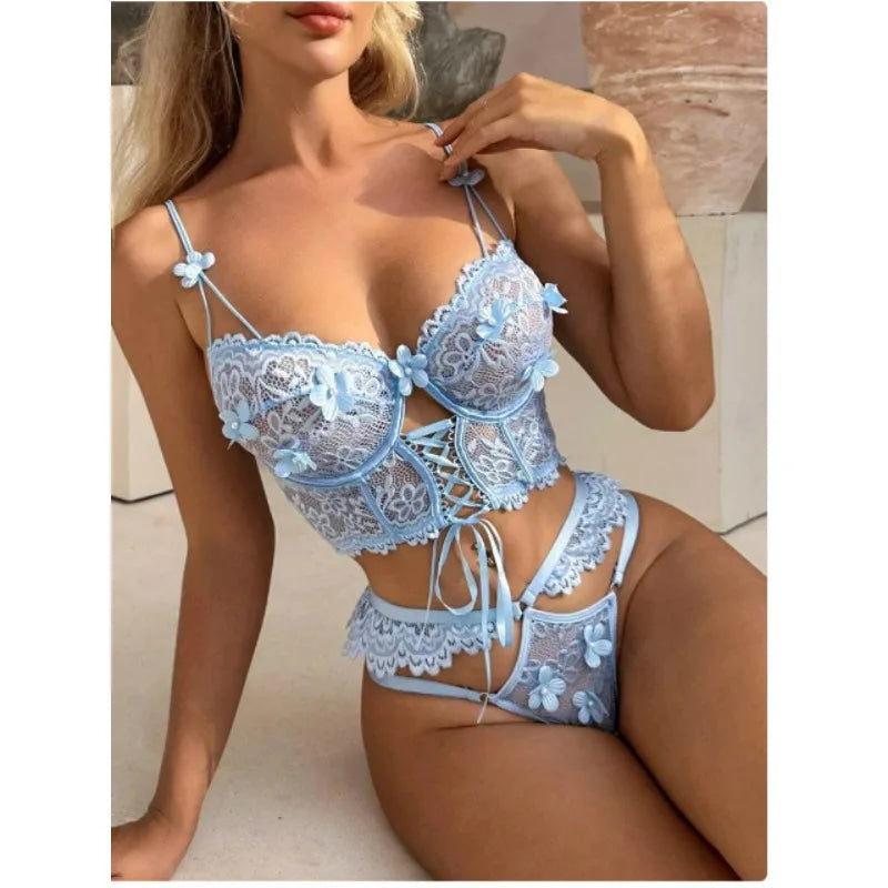 Powder Blue Spring Floral Lingerie Set Lace Flowers