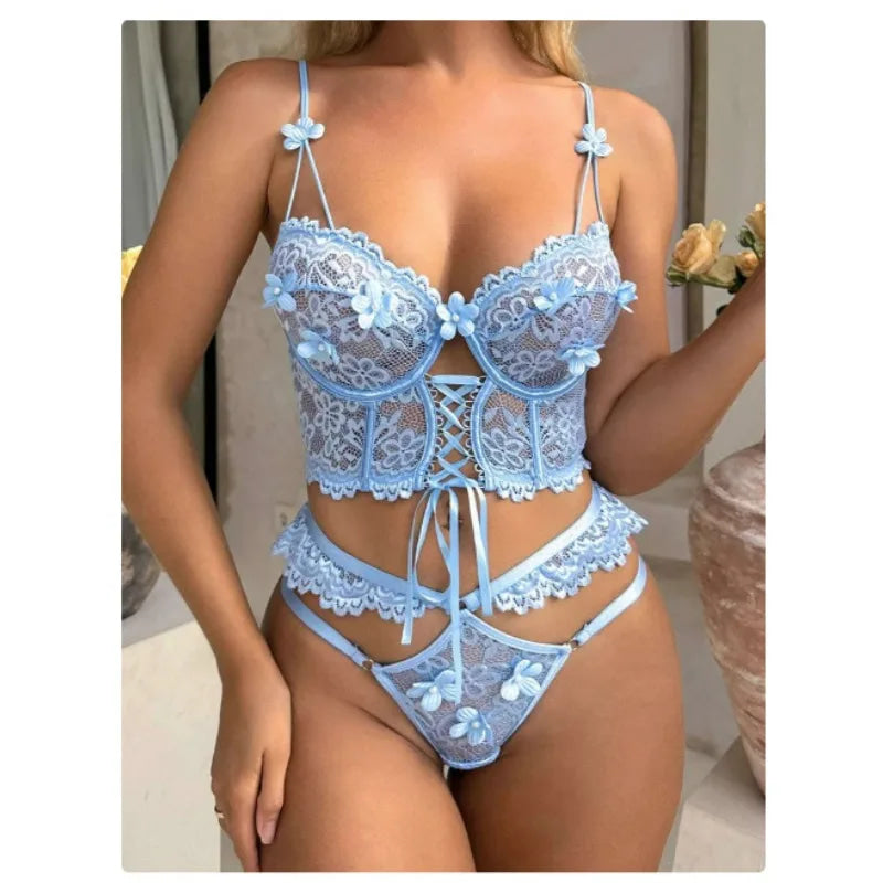 Powder Blue Spring Floral Lingerie Set Lace Flowers