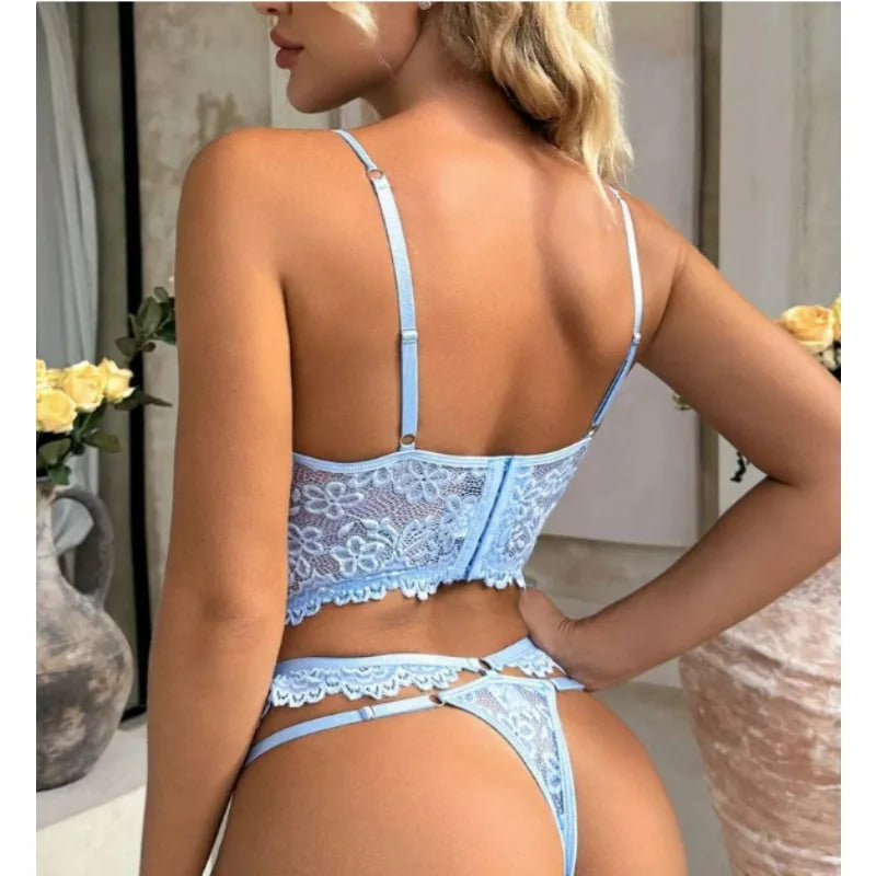 Powder Blue Spring Floral Lingerie Set Lace Flowers