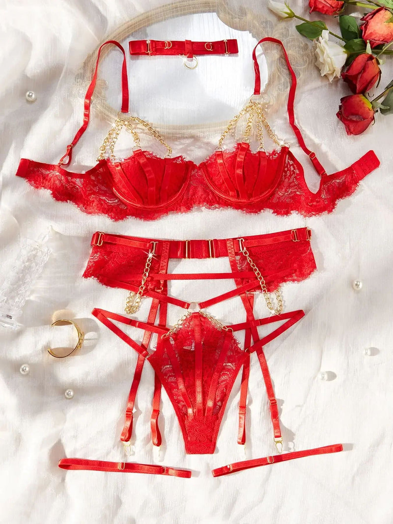 Red Lace Devil’s Smile Lingerie Set With Gold Chain Bra & Panties