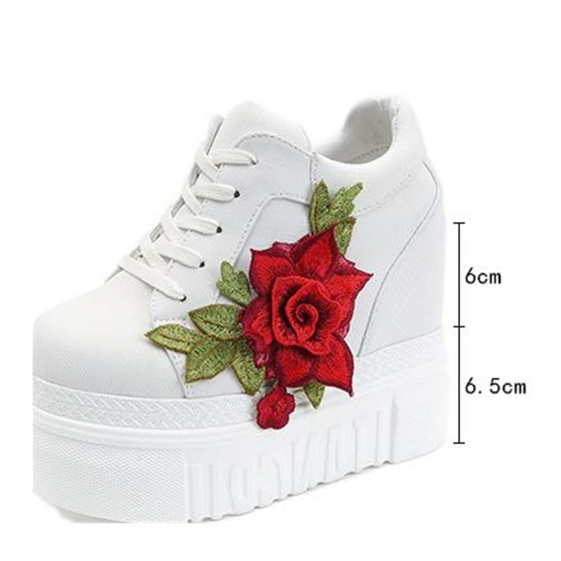 Red Rose Embroidered Flower Wedge Sneakers Harajuku