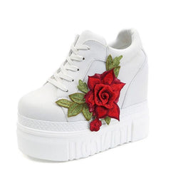 Red Rose Embroidered Flower Wedge Sneakers Harajuku