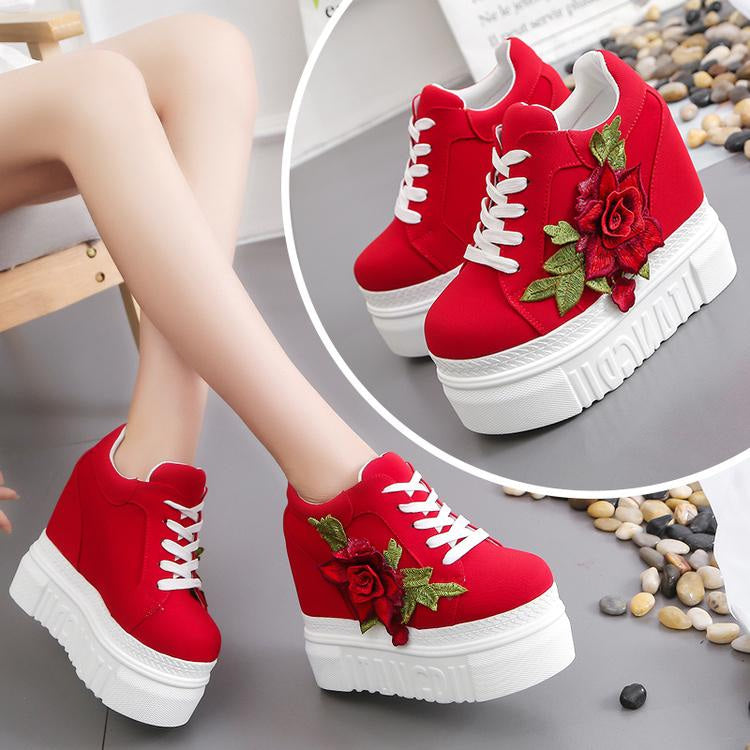 Red Rose Embroidered Flower Wedge Sneakers Harajuku