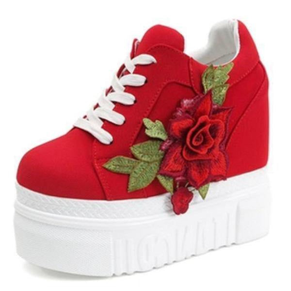 Red Rose Embroidered Flower Wedge Sneakers Harajuku