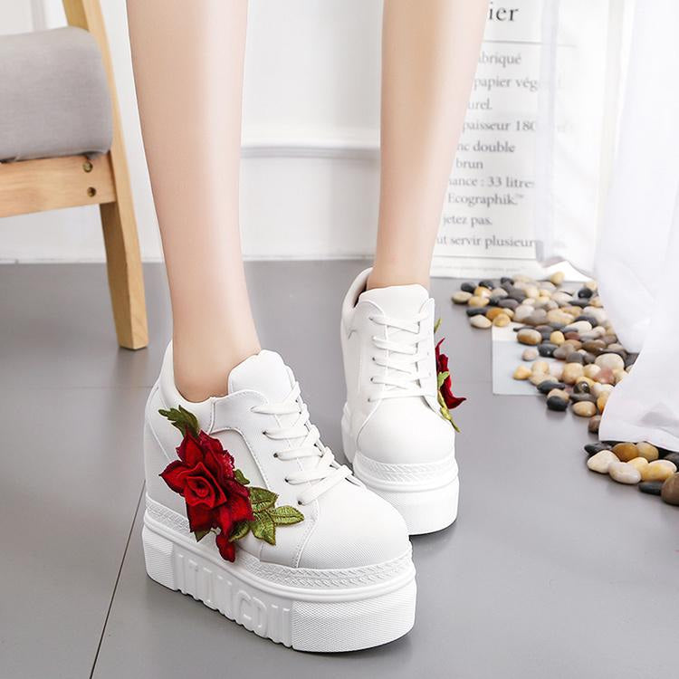 Red Rose Embroidered Flower Wedge Sneakers Harajuku