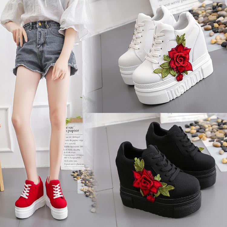 Red Rose Embroidered Flower Wedge Sneakers Harajuku